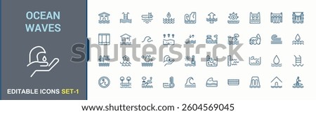 Ocean Waves vector line icon set. Contains such icons as sea, surf, wave, drop, liquid, aqua, drink and more. Water And Wave icon set. Minimalist icons pack. Editable vector art and illustration.