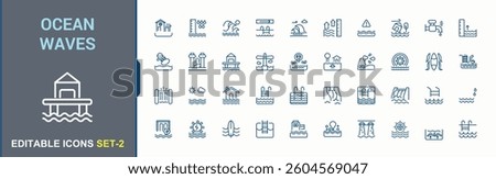 Ocean Waves vector line icon set. Contains such icons as sea, surf, wave, drop, liquid, aqua, drink and more. Water And Wave icon set. Minimalist icons pack. Editable vector art and illustration.