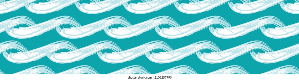 Ocean waves vector seamless border. Hand drawn painted brushstrokes horizontal sea wave banner. Abstract stylized marine repeat ribbon trim web. For nautical, sailing,ocean, vacation concept.