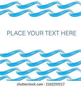 Ocean waves vector template with space for text. Hand drawn painted horizontal seamless sea wave frame Abstract stylized marine design in shades of fresh blue and white. For seafood, sailing,nautical