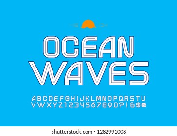 "Ocean waves" Vintage  Fresh Inline Condensed Alphabet. Retro Futuristic Typography. Vector Illustration.