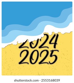 Ocean waves wash away the number 2024 and show the number 2025. Change and a new start in the new year. Happy New Year 2025 concept. Flat vector illustration.