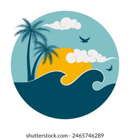 ocean waves, yellow sun, palm tree silhouette, clouds and flying seagull