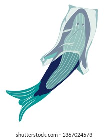 Ocean whale or shark  tangled in a plastic bag vector illustration isolated on white background. Saving or purification of the ocean from plastic waste concept. 