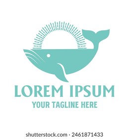 Ocean Whale with Sunset Beach Coast Illustration Design Vector