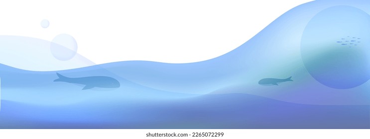 Océano con ballenas y peces. Océano azul. Fondo degradado con lugar para el texto.