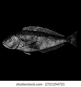 Weißer Fisch aus dem Ozean, handgezeichnet im klassischen gravierten Stil. Das Kunstwerk hebt die natürliche Anatomie, Texturen und Flossen des Fisches hervor und eignet sich somit ideal für marine, Meeresfrüchte, Vintage oder bildungspolitische Bildkonzepte.