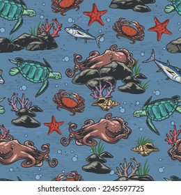 Ocean wildlife colorful pattern seamless with octopuses and turtles floating on seabed along with fish and crabs vector illustration