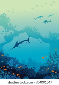 Ocean wildlife - group of marlins, coral reef, underwater arch and school of fishes on a blue sea background. Vector seascape illustration.