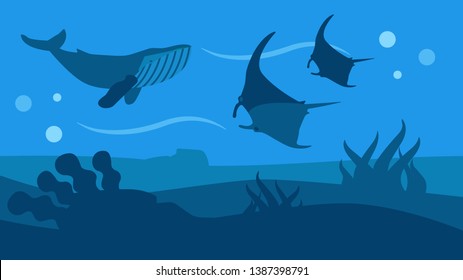 Ocean Wildlife Nature Panoramic. Flat Style Banner Swimming Silhouettes of Whale and Manta Rays. Marine Animals and Underwater World. Vector Seascape with Seaweed on Sand Cartoon Illustration