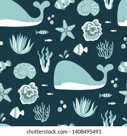 Ocean wildlife seamless pattern. Coral reefs and fishes doodle. Dark background. Wallpaper, textile, packaging summer vector pattern.