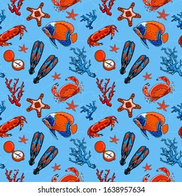 Ocean wildlife seamless pattern. Underwater diving flippers, sea fishes and crabs. Summer vacations on coral reef. Colorful vector seamless pattern for fabric fashion design print, gift wrapping.