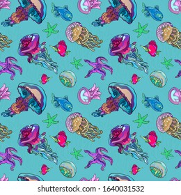 Ocean wildlife seamless pattern. Underwater Caribbean jelly fishes and sea stars. Summer vacations and diving mood. Colorful vector seamless pattern for fabric fashion design print, gift wrapping.