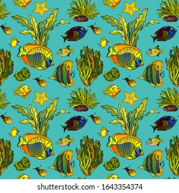 Ocean wildlife seamless pattern. Underwater sea Caribbean yellow, green fishes and plants. Summer vacations and diving mood. Colorful vector seamless pattern for fabric fashion design, print, wrapping