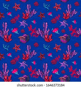 Ocean wildlife seamless pattern. Underwater deep coral reef, sea star, fishes. Summer vacations diving mood. Colorful red blue vector seamless pattern for fabric fashion design, print, gift wrapping.