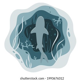  Vida silvestre en el océano. Papel vectorial cortado estilo cueva submarina con arrecife de coral, algas marinas y tiburón enorme. Ilustración para banner web, página web, etc.