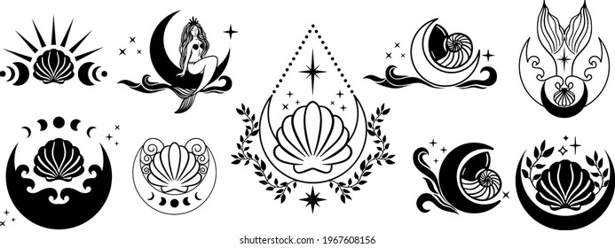 Ocean Witchy Magic Illustrations. Sea And Ocean Witch Symbols. Seashell, Mermaid, Seahorse, Octopus Under The Sea Life. Water Goddess Set Tattoo Logo Design