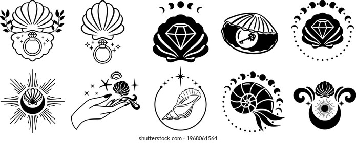 Ocean Witchy Magic illustrations. Sea and ocean witch symbols. Seashell, mermaid, seahorse, octopus under the sea life. Water goddess set tattoo logo design