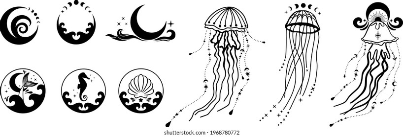 Ocean Witchy Magic illustrations. Sea and ocean witch symbols. Seashell, mermaid, seahorse, octopus under the sea life. Water goddess set tattoo logo design