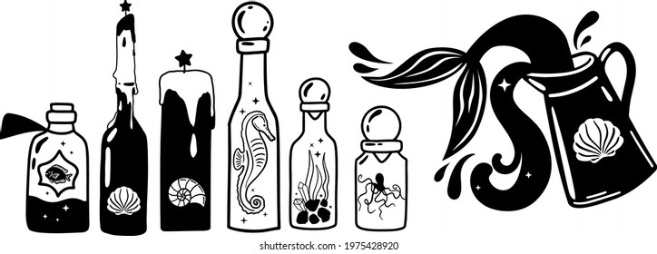 Ocean Witchy Magic illustrations. Sea and ocean witch symbols. Seashell, mermaid, seahorse, octopus under the sea life. Water goddess set tattoo logo design