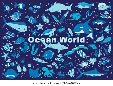 Ocean World. Fish marine creature colored and outline for coloring book. Sea animals background illustration vector