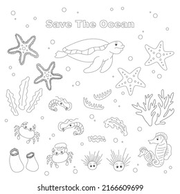 Ocean World. Fish marine creature colored and outline for coloring book. Sea animals background illustration vector