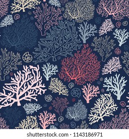 Ocean world seamless pattern with corals and shells. Stock vector