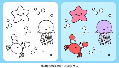 Ocean world, starfish, crabs and jellyfish. Animals for coloring books and t-shirt designs for kids.