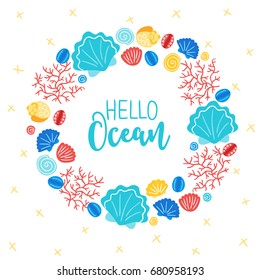 Ocean wreath with corals and seaweed on white background. Perfect for holiday invitations and greeting cards