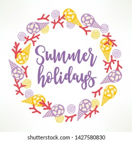 Ocean wreath with shells and coral. Perfect for summer greeting cards, seasonal holidays, invitations