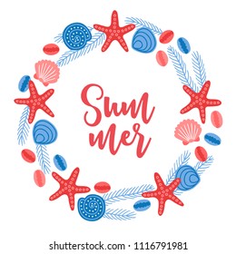 Ocean wreath with starfish, seaweed, shells on white background. Perfect for summer invitation and holiday greeting cards.