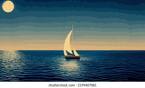 ocean and yacht at night with moon illustration