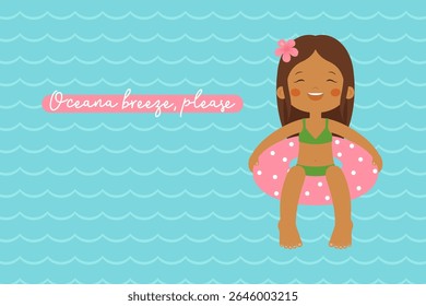 Oceana breeze please quote with girl in pink floaty, summer vector illustration with turquoise ocean waves