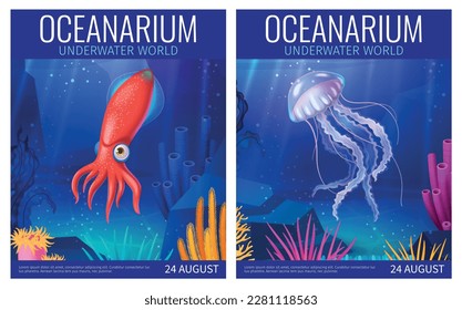 Oceanarium cartoon poster with underwater creatures and coral reefs vector illustration