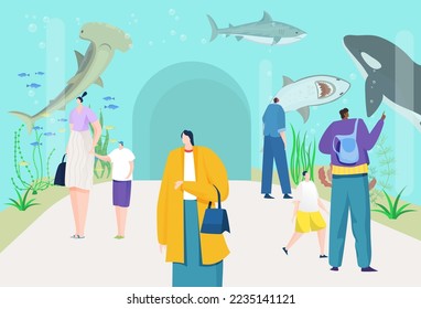 Oceanarium concept, vector illustration, flat man woman character look at fish animal in aquarium glass, people at excursion, shark, killer whale