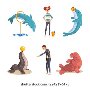 Oceanarium or Dolphinarium with Sea Animals and Trainers Performing Stunt Vector Set