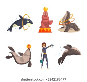 Oceanarium or Dolphinarium with Sea Animals and Trainers Performing Stunt Vector Set