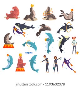 Oceanarium or dolphinarium set, sea animals and trainers performing in public in dolphinarium vector Illustration on a white background