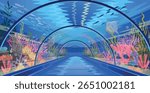 Oceanarium dome. Underwater tunnel, perspective view with coral reef and fish. Empty oceanarium tunnel, closeup. Vector hand drawn illustration.