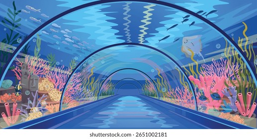Cúpula do Oceanário. Túnel subaquático, vista em perspectiva com recife de coral e peixes. Túnel oceanário vazio, close up. Ilustração desenhada à mão vetorial.