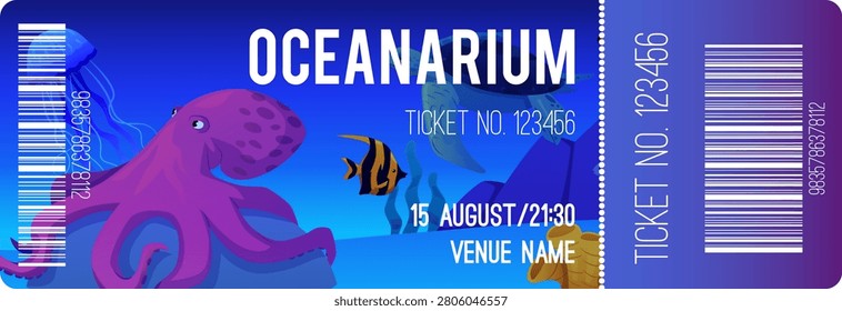 Oceanarium excursion ticket vector design. Aquatic marine flora and fauna. Underwater and sea animals variety, jellyfish, octopus, turtle. Cartoon ocean fishes behind of aquarium glass