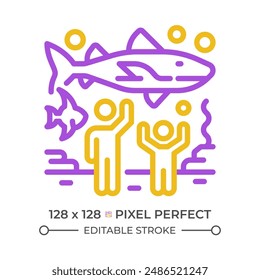 Oceanarium exhibition pixel perfect two color line icon. Aquarium shark. Recreational attraction bicolor outline symbol. Duotone linear pictogram. Isolated illustration. Editable stroke