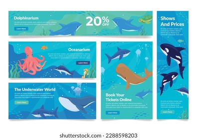 Oceanarium landing page internet banner poster with sea fish and animals set vector illustration. Aquatic marine creature floating water wildlife underwater world nature promo show price buying ticket