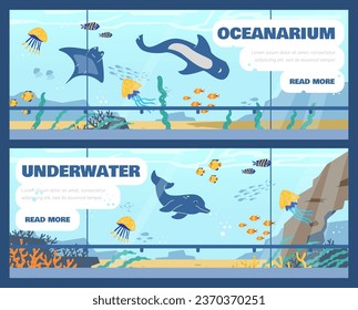 Oceanarium, marine flora and fauna. Underwater and sea animals variety, dolphin, stingray, jellyfish. Aquatic vector design for landing page and flyers. Cartoon ocean fishes behind of aquarium glass