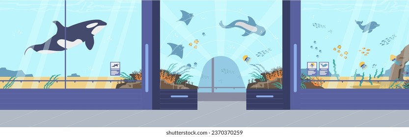 Oceanarium, marine flora and fauna vector illustration. Underwater and sea animals variety, dolphin, stingray, jellyfish. Cartoon ocean fishes behind of aquarium glass.