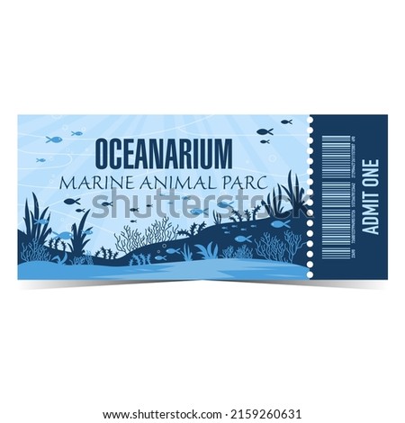 Oceanarium ticket template design for marine animal park entrance. Vector illustration of aquarium pass talon or coupon with image of the seabed with algae, floating fish and tearoff part and barcode.