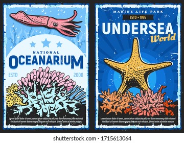 Oceanarium And Undersea World, Vector Retro Vintage Posters. Wild Underwater Sea And Ocean Animals, Fishes And Mollusks, Cuttlefish, Starfish And Corals Aquarium In Zoological Park