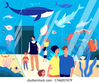 Oceanarium visitors. Underwater aquarium, family looking ocean animals fish in marine zoo. Flat children study sea life vector illustration