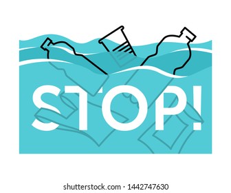 Ocean-clogging with plastic trash (empty bottle, cup, package, packet) - environment protection eco-friendly concept - vector isolated element 