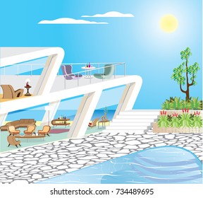 Oceanfront Modern Mansion Vector Illustration